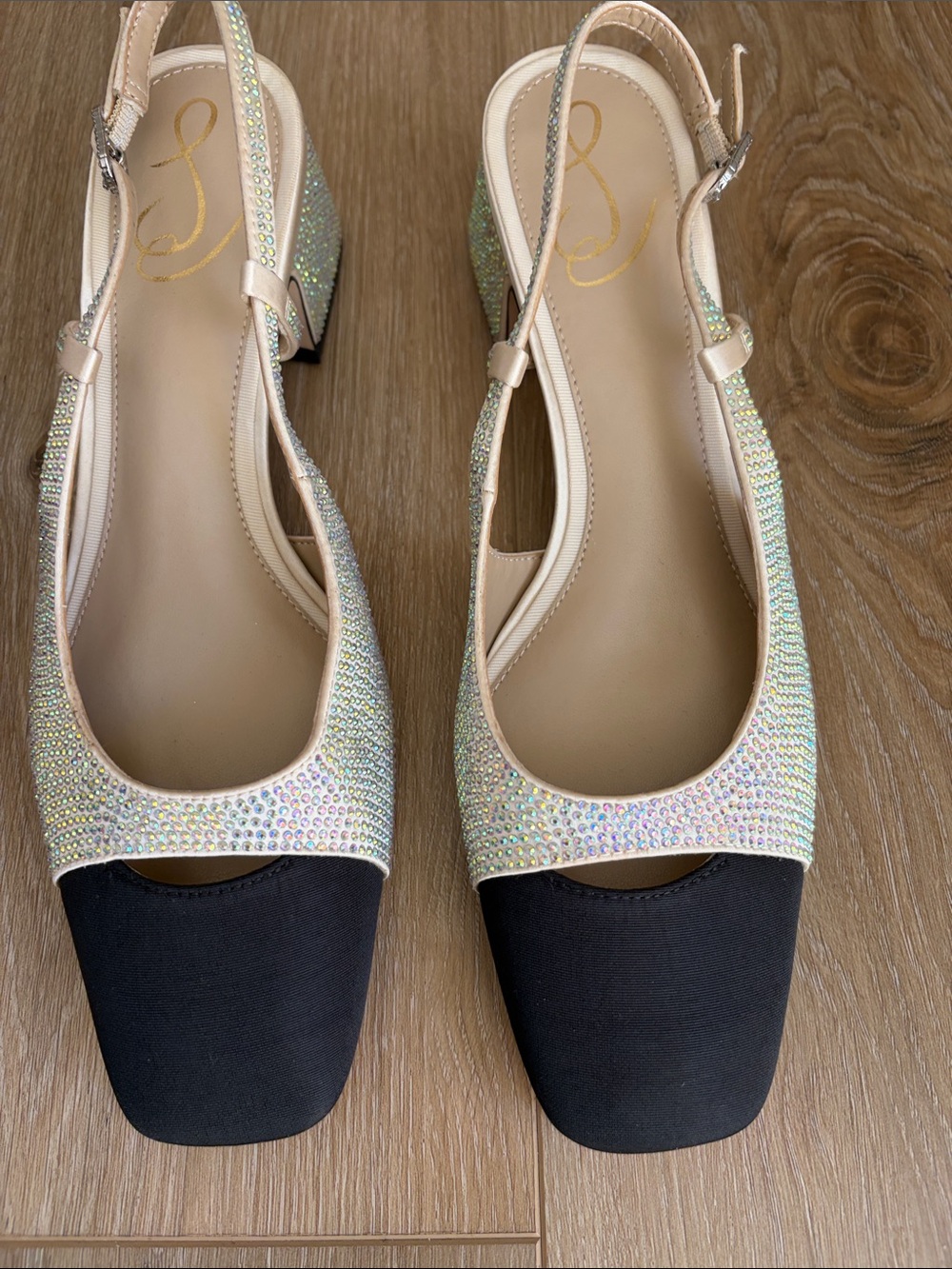 Sam Edelman Black Toe Iridescent Crystal Slingback Mules